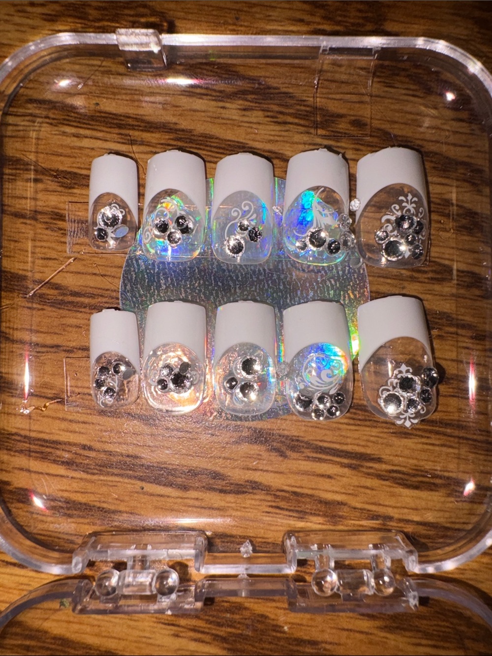 White & Silver Rhinestone Press-On Nails - Elegant French Tip Set